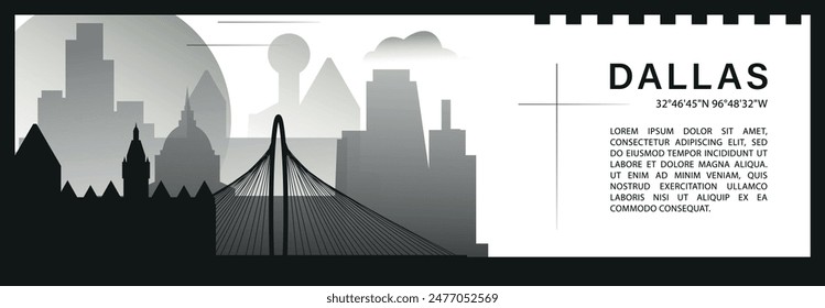 US Dallas Skyline Vektorgrafik Banner, schwarz-weiß minimalistische Stadtbild Silhouette. USA Texas Staat Horizontale Grafik, Reise-Infografik, monochromes Layout für die Website