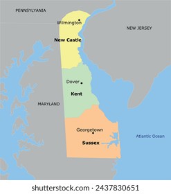 US Delaware State Map with 3 Counties