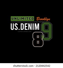 US denim. Graphic mens dynamic t-shirt design, poster, typography. Vector illustration.
