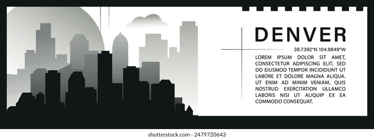 US Denver skyline vector banner, black and white minimalistic cityscape silhouette. USA Colorado state horizontal graphic, travel infographic, monochrome layout for website