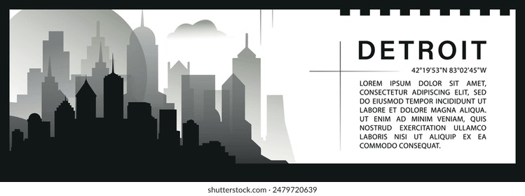 US Detroit skyline vector banner, black and white minimalistic cityscape silhouette. USA Michigan state horizontal graphic, travel infographic, monochrome layout for website