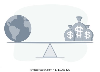 US dollar bag, world globe on balance scale, depicts the difference between the value of a country imports and exports for a given period. Vector flat design illustration.