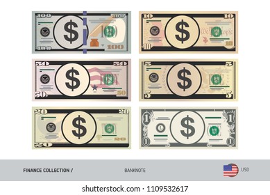 US Dollar Banknote set. Flat style highly detailed vector illustration. Isolated on white background. Suitable for print materials, web design, mobile app and infographics. 