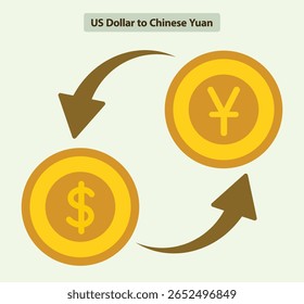Dólar dos EUA para moeda yuan chinês projeto ícone plano de câmbio, moedas de ouro e fluxo de rotação de seta, fundo sólido moderno, ideal para forex e gráficos da economia global