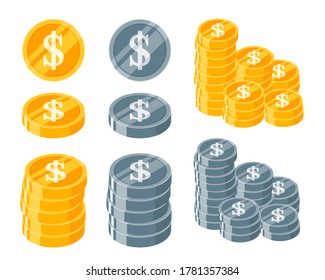US Dollar Coin Golden and Silver or Metallic Coin Icon Vector Logo Illustration Design. America Currency, Payment and Finance Element. Can be Used for Digital & Print Infographic.