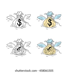 US Dollar and Coin in Money Bag with Wing, Money Finance Rising 