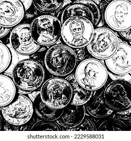US Dollar coins, straight down, illustration version Presidents and coins background.