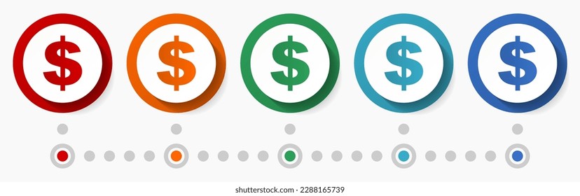 US dollar currency, business concept vector icon set, flat design colorful buttons, infographic template in 5 color options