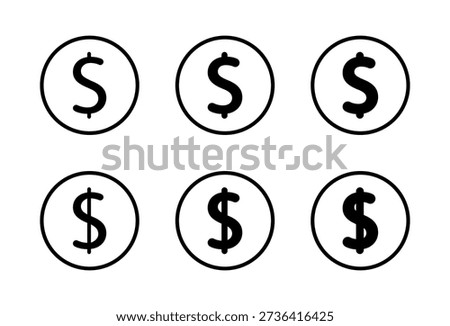 Us dollar currency icon set in light to bold design. Usd money symbol in circular outline. American financial sign