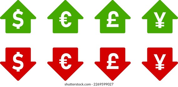 US Dollar Euro British Pound Sterling Japanese Yen or Chinese Yuan Price Value Green Up and Red Down Arrow Icon Set with Currency Signs. Vector Image.