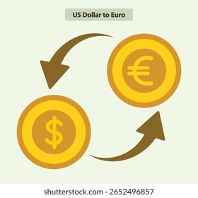Dólar dos EUA para euro câmbio de moeda, ícone de moeda vetor plana, conceito de direção de seta circular, fundo sólido, perfeito para forex, finanças e design bancário