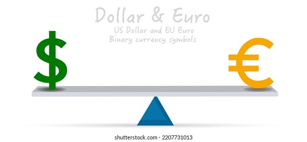 US Dollar Euro versus on scale. Parity USD EUR symbols balanced on seesaw. Versus lever. Falling ratio pair currency. Green, yellow money weights. Finance, inflation, economy. 2D illustration vector