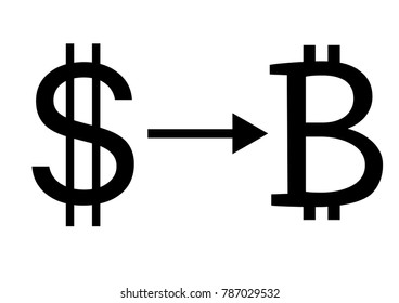 U.S dollar exchange to Bitcoin, icon. Black symbols on the white background