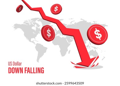 US Dollar Falling Economic Crisis and Financial Decline with Global Map Background