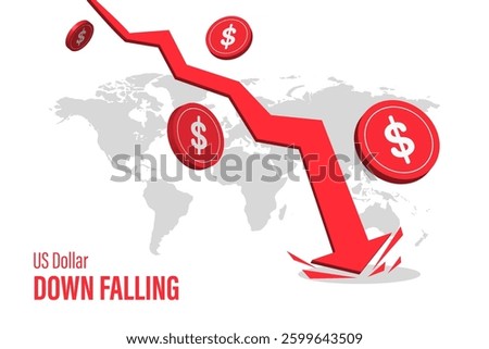 US Dollar Falling Economic Crisis and Financial Decline with Global Map Background