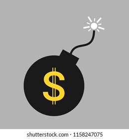 US Dollar is going to blow up - Decline, financial crisis and crash of american reserve currency. Vector illustration of economic bomb leading to collapse of money.
