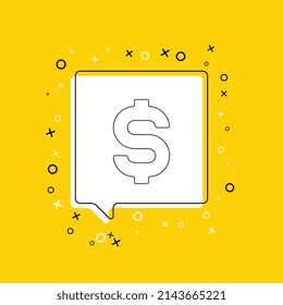 US-Dollar-Symbol in weißer Sprachblase mit dekorativen Elementen auf gelbem Hintergrund. Moderne grafische Ankündigung mit dünnem Liniensymbol. Vektorgrafik EPS10