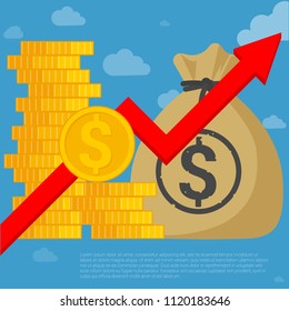 US dollar investment and saving financial  growing chart flat design vector template. Coins, money bag and arrow icon mock up.