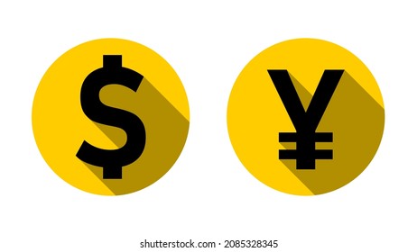 US Dollar Japanese Yen or Chinese Yuan Exchange Rate Currency Sign or Icon Set with a Gold Coin Style Design and 3D Shadow Effect. Vector Image.