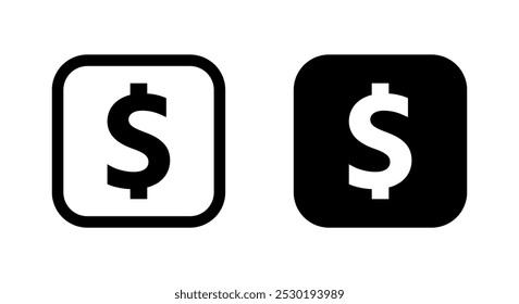US dollar logo icon on black square. USD sign symbol