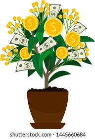 US dollar money tree with banknotes and coins