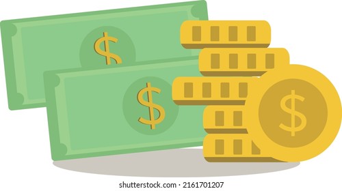 Billetes en papel y monedas de oro en dólares estadounidenses Juego de iconos. Ilustración del vector