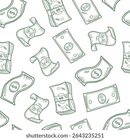 Plano de fundo do padrão dólar americano. Padrão contínuo dos símbolos de fundo de moeda de dólar. Plano de fundo do padrão de cifrão. Dollar Doodle fundo padrão sem costura.