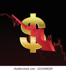 US Dollar red downfall crisis of economy. Vector illustration.