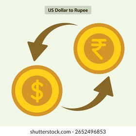 Dólar dos EUA para rúpia ícone de câmbio de moeda, símbolos de moeda vetor plana, transferência internacional forex com setas circulares, em um fundo sólido, ideal para conteúdo econômico