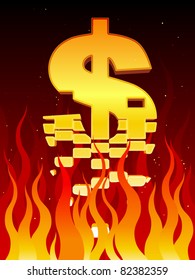 A US dollar sign breaks apart in fire