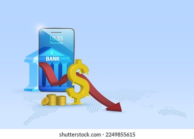 Signo de dólar estadounidense derritiéndose con gráfico desplegable en la banca móvil. Dinero perdido en el tipo de cambio y la recesión económica.