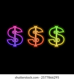 US dollar sign shaped neon light on black wall-currency exchange concept.