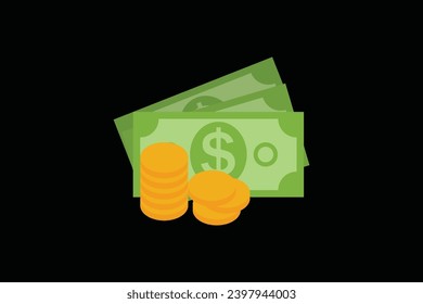 US Dollar Stack Paper Banknotes bag money and Gold Coins Icon Sign Business Finance Money Concept Vector Illustration editable background Free Vector