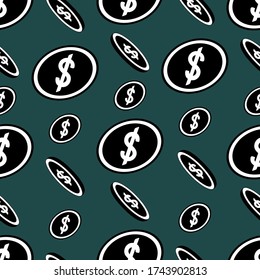 US dollar symbol. Falling coins. Endless vector pattern. Ornament on an isolated green background. Flat style. Monetary currency. Subjects of business and finance. Illustration for cover, wallpaper.