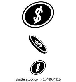 US dollar symbol. Falling coins. Vector illustration. Icon on an isolated white background. Flat style. Monetary currency. Subjects of business and finance. Illustration for web design, iconography.