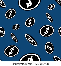 US dollar symbol. Falling coins. Endless vector pattern. Ornament on an isolated blue background. Flat style. Monetary currency. Subjects of business and finance. Illustration for cover, wallpaper.