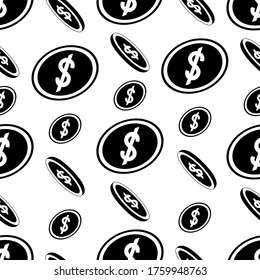 US dollar symbol. Falling coins. Endless vector pattern. Ornament on an isolated transparent background. Flat style. Monetary currency. Subjects of business and finance. Cover,  wallpaper, textile.