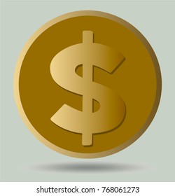 US dollar symbol on gold coin, isolated object on light gray background with shadow below object, american currency symbol, Vector EPS 10