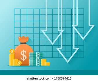 US Dollar USD Exchange Rate Stock Market Value Price Decrease Down Vector Icon Logo Design. United States Of America Currency, Finance & Economy Element. Can Be Used For Digital And Print Infographic.