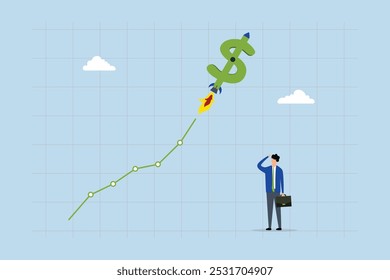 US Dollar value rising due to interest rate hike, Businessman investor observes as the dollar sign soars like a rocket on the exchange chart.