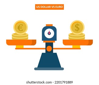 Us dollar vs euro currency comparison with weight scale. Exchange rate. vector illustration.