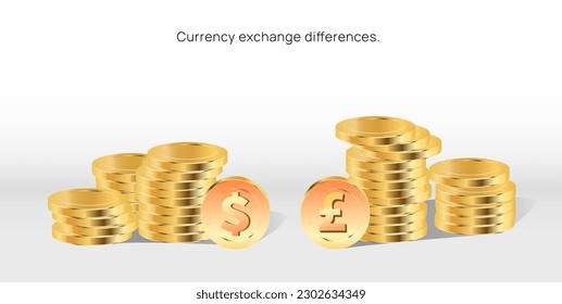 us dollar vs pound exchange rate comparision illustration with gold coins. world currencies exchange rate difference vector. gold coin stack. money converter and transfer. treasury banking