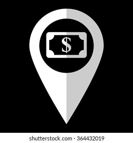 us dollar - white vector icon;  map pointer