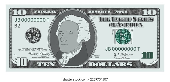 US Dollars 10 banknote - American dollar bill cash money isolated on white background - ten dollars