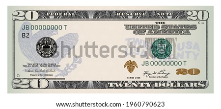 US Dollars 20 banknote -American dollar bill cash money isolated on white background.