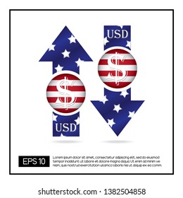 US Dollars (USD) increase and decrease arrows for business investment growth and loss concept. Currency exchange icon. Vector illustration.