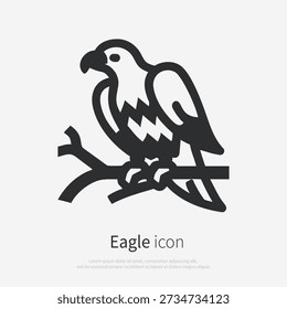 US Eagle icon silhouette sitting on a branch, side view. Vector outline logo of a Bird. Illustration isolated on white background.