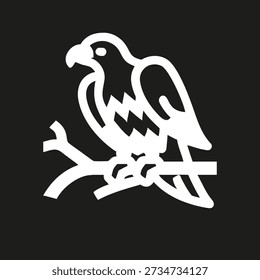 US Eagle outline icon sitting on a branch, side view. White silhouette logo of a Bird portrait. Vector Illustration isolated on black background.