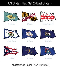 US East States Flag Set. The set includes the waving flags of Washington DC, Maryland, Delaware, West Virginia, Virginia, Kentucky, Ohio, Indiana n Michigan. Vector Icons all elements neatly on Layers