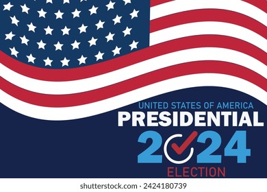 US Election 2024 campaign with USA flag. 2024 presidential election banner. Promo banner for presidential election 2024 with waving USA flag. US Election 2024 campaign